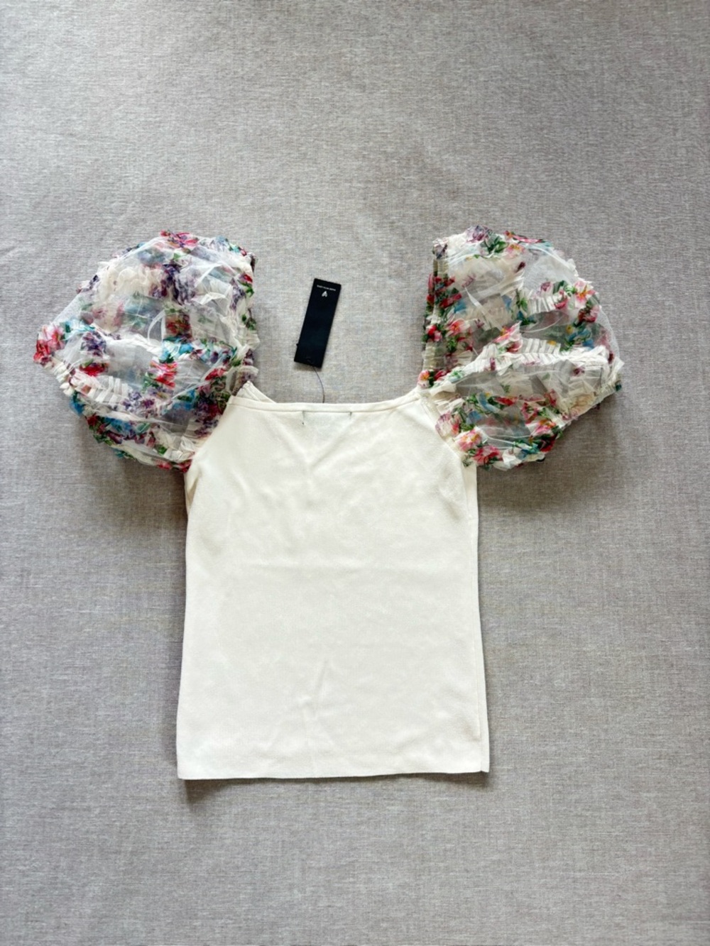 Lulu's Cream Top with Floral Puff Organza Sleeves - Picture 7 of 12